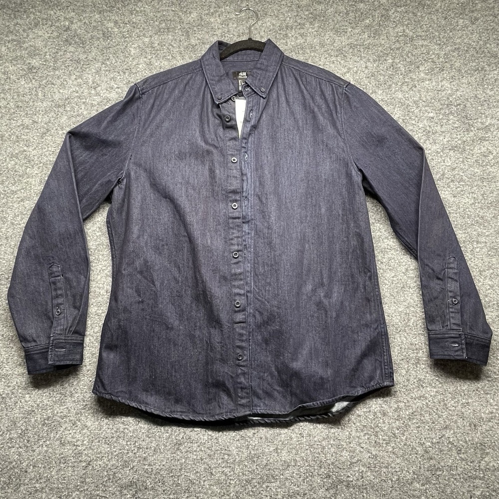 Men's H&M dark wash denim or chambray long-sleeve button-up shirt Size L - NWT